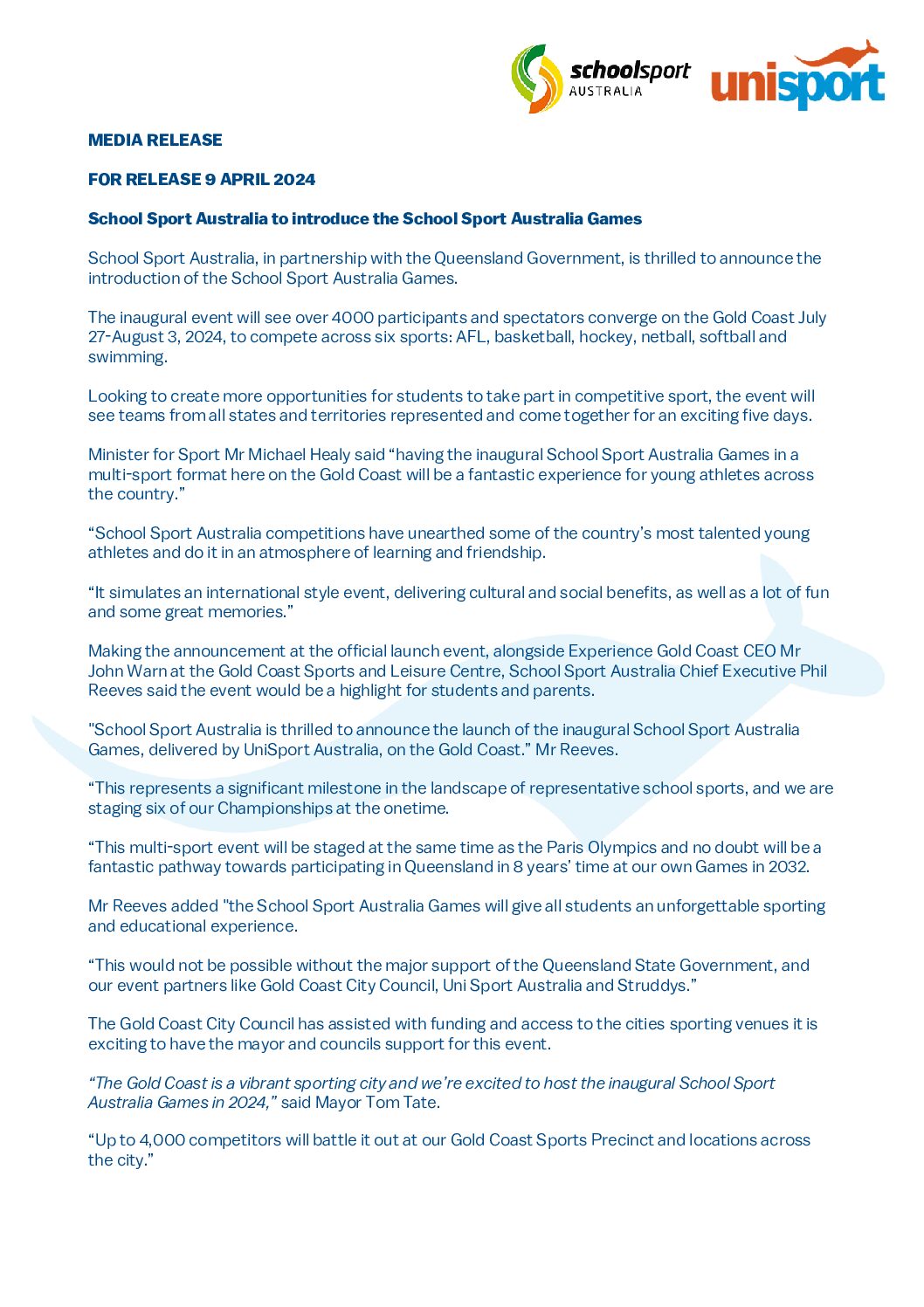 School Sport Australia Press release – 9 April 2024